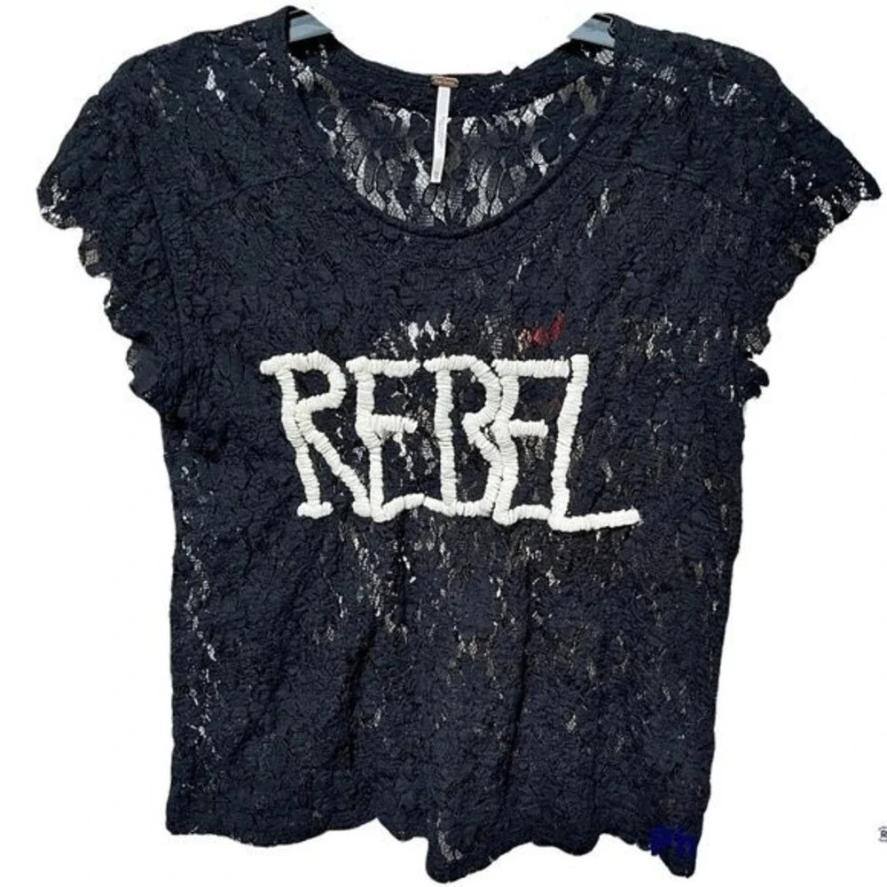 Free People Rebel in Lace Tee in Black Short Sleeve Top XS